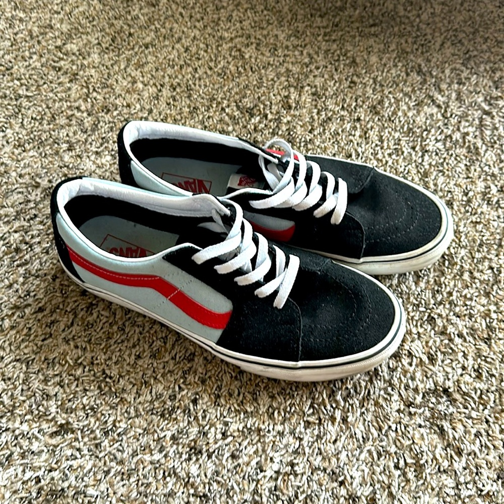 Vans SK8-Low Shoes, Mens 11.5, Black, Red, Light Blue & White, White Laces